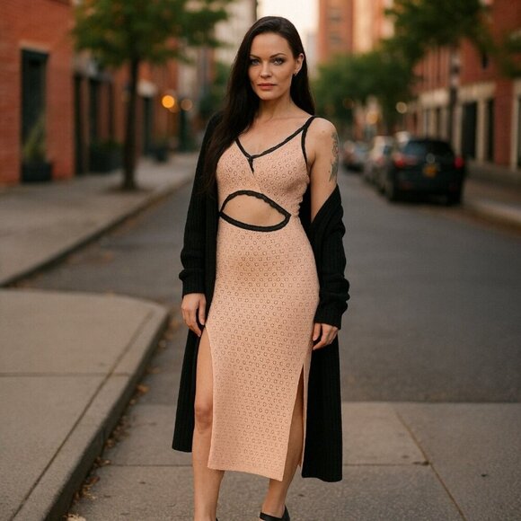 Milk It ✦ Canyon Cutout Maxi Dress ✦ Lace Trim Textured Knit Side Slits Pink L